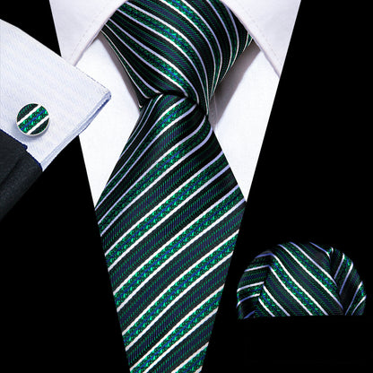 Green White Striped Silk Tie, Pocket Square and Cufflinks Set tie sets    - Sophisticated Gentlemen