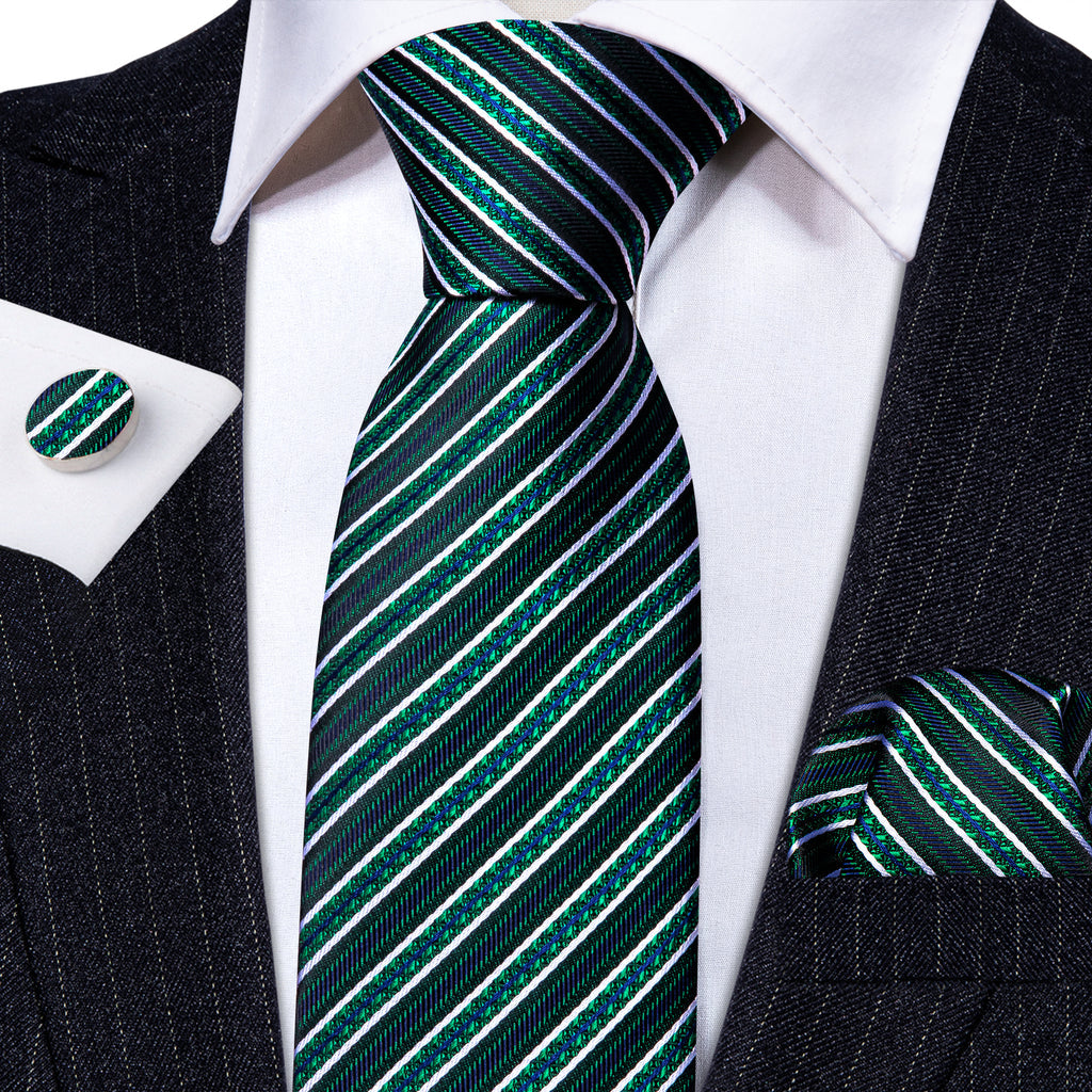 Green White Striped Silk Tie, Pocket Square and Cufflinks Set tie sets    - Sophisticated Gentlemen