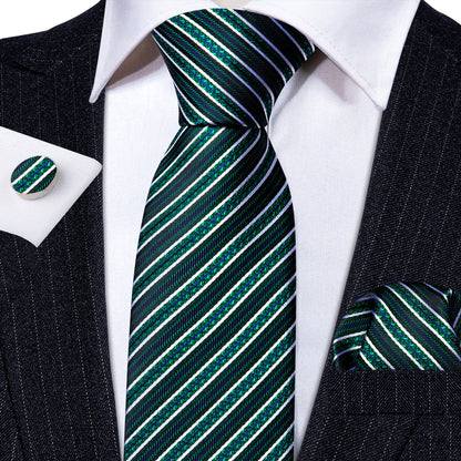 Green White Striped Silk Tie, Pocket Square and Cufflinks Set tie sets    - Sophisticated Gentlemen