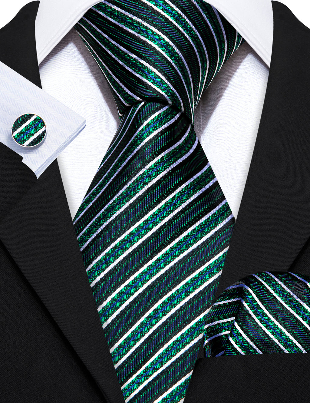 Green White Striped Silk Tie, Pocket Square and Cufflinks Set tie sets    - Sophisticated Gentlemen