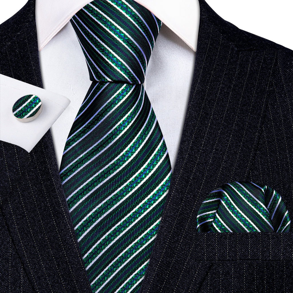 Green White Striped Silk Tie, Pocket Square and Cufflinks Set tie sets    - Sophisticated Gentlemen