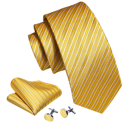 Yellow White Silk Striped Tie, Pocket Square and Cufflinks Set tie sets    - Sophisticated Gentlemen