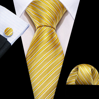 Yellow White Silk Striped Tie, Pocket Square and Cufflinks Set tie sets    - Sophisticated Gentlemen