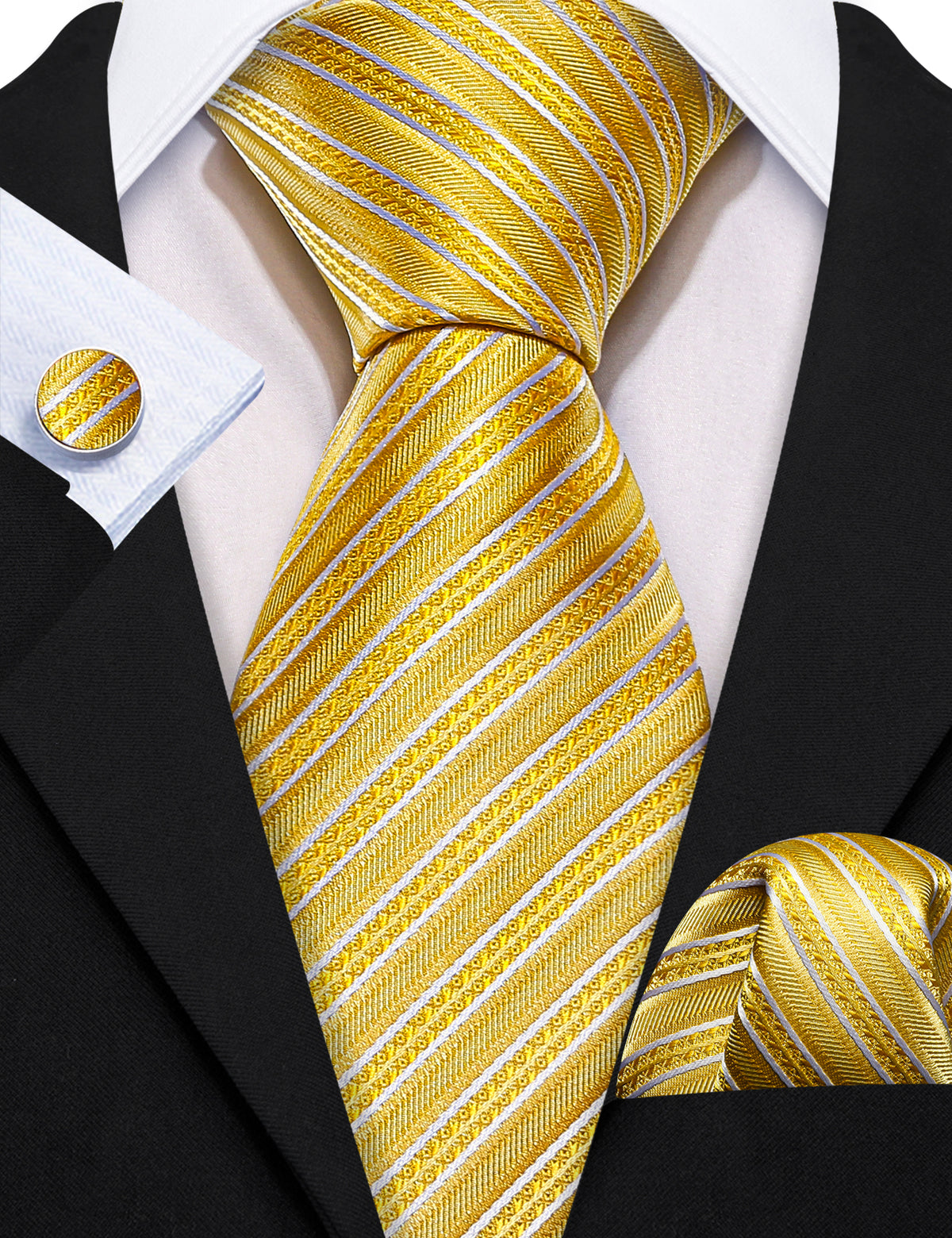 Yellow White Silk Striped Tie, Pocket Square and Cufflinks Set tie sets    - Sophisticated Gentlemen