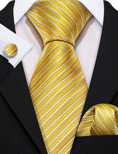 Yellow White Silk Striped Tie, Pocket Square and Cufflinks Set tie sets    - Sophisticated Gentlemen