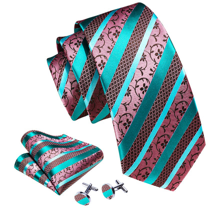 Blue Pink Floral Striped Silk Tie, Pocket Square and Cufflinks Set tie sets    - Sophisticated Gentlemen