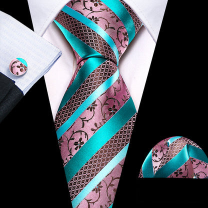 Blue Pink Floral Striped Silk Tie, Pocket Square and Cufflinks Set tie sets    - Sophisticated Gentlemen