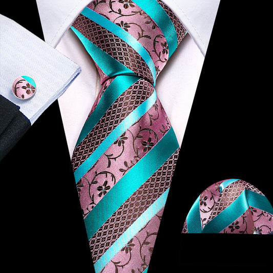 Blue Pink Floral Striped Silk Tie, Pocket Square and Cufflinks Set tie sets    - Sophisticated Gentlemen