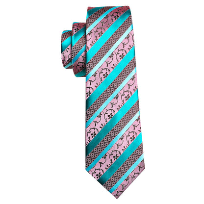 Blue Pink Floral Striped Silk Tie, Pocket Square and Cufflinks Set tie sets    - Sophisticated Gentlemen
