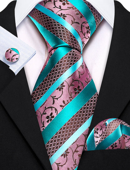Blue Pink Floral Striped Silk Tie, Pocket Square and Cufflinks Set tie sets    - Sophisticated Gentlemen
