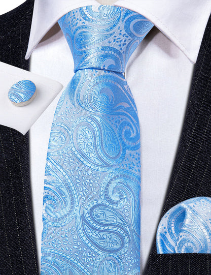 Light Blue Silver Paisley Tie, Pocket Square and Cufflinks Set tie sets    - Sophisticated Gentlemen