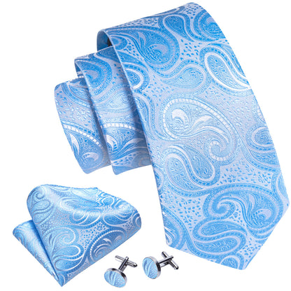 Light Blue Silver Paisley Tie, Pocket Square and Cufflinks Set tie sets    - Sophisticated Gentlemen