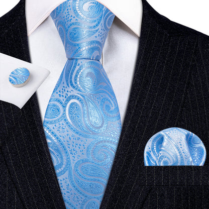 Light Blue Silver Paisley Tie, Pocket Square and Cufflinks Set tie sets    - Sophisticated Gentlemen