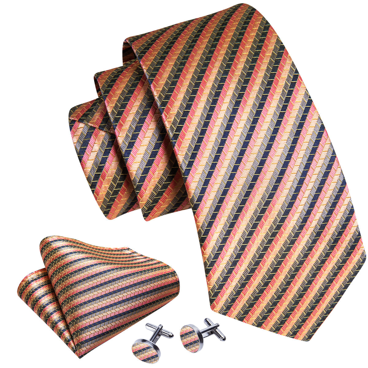 Colorful Striped Silk Tie, Pocket Square and Cufflinks Set tie sets    - Sophisticated Gentlemen