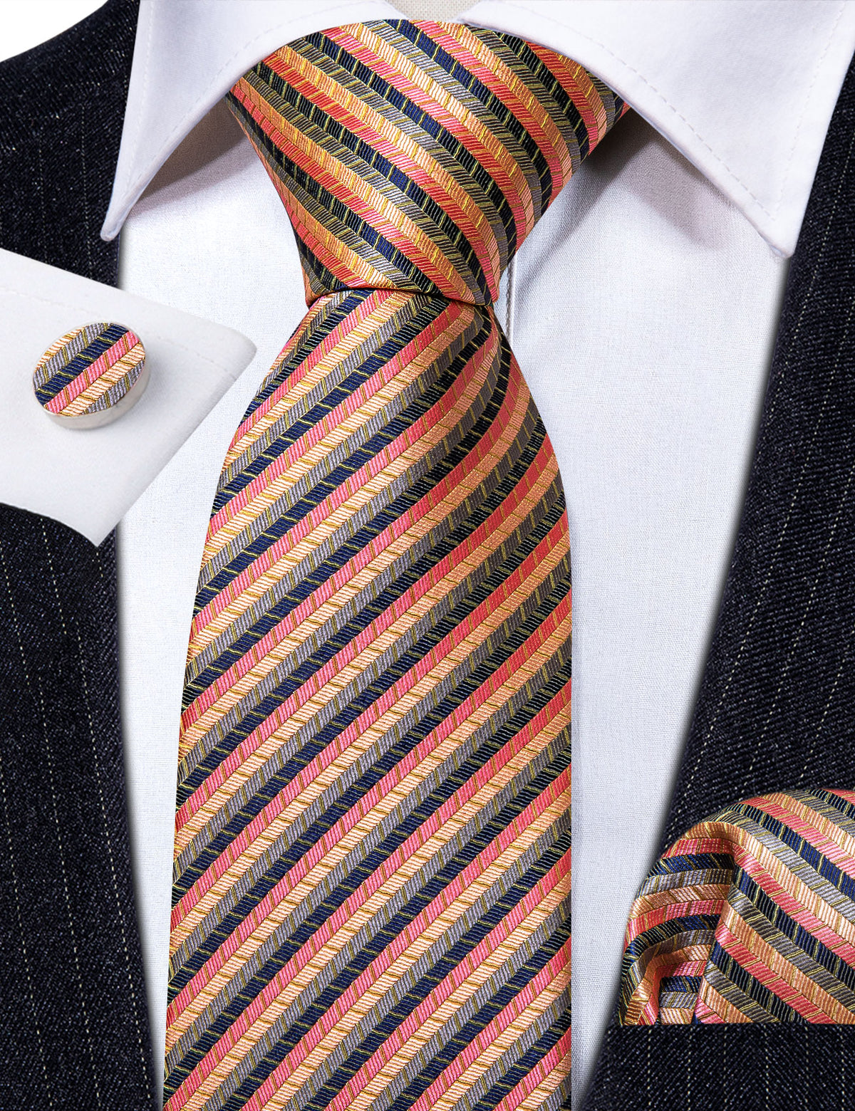 Colorful Striped Silk Tie, Pocket Square and Cufflinks Set tie sets    - Sophisticated Gentlemen