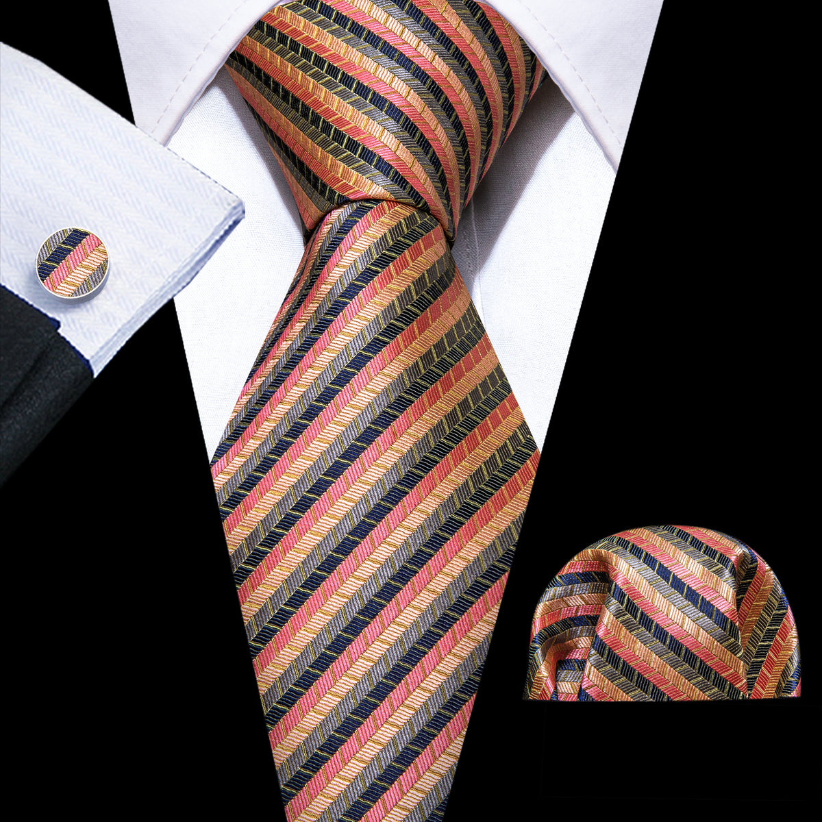 Colorful Striped Silk Tie, Pocket Square and Cufflinks Set tie sets    - Sophisticated Gentlemen