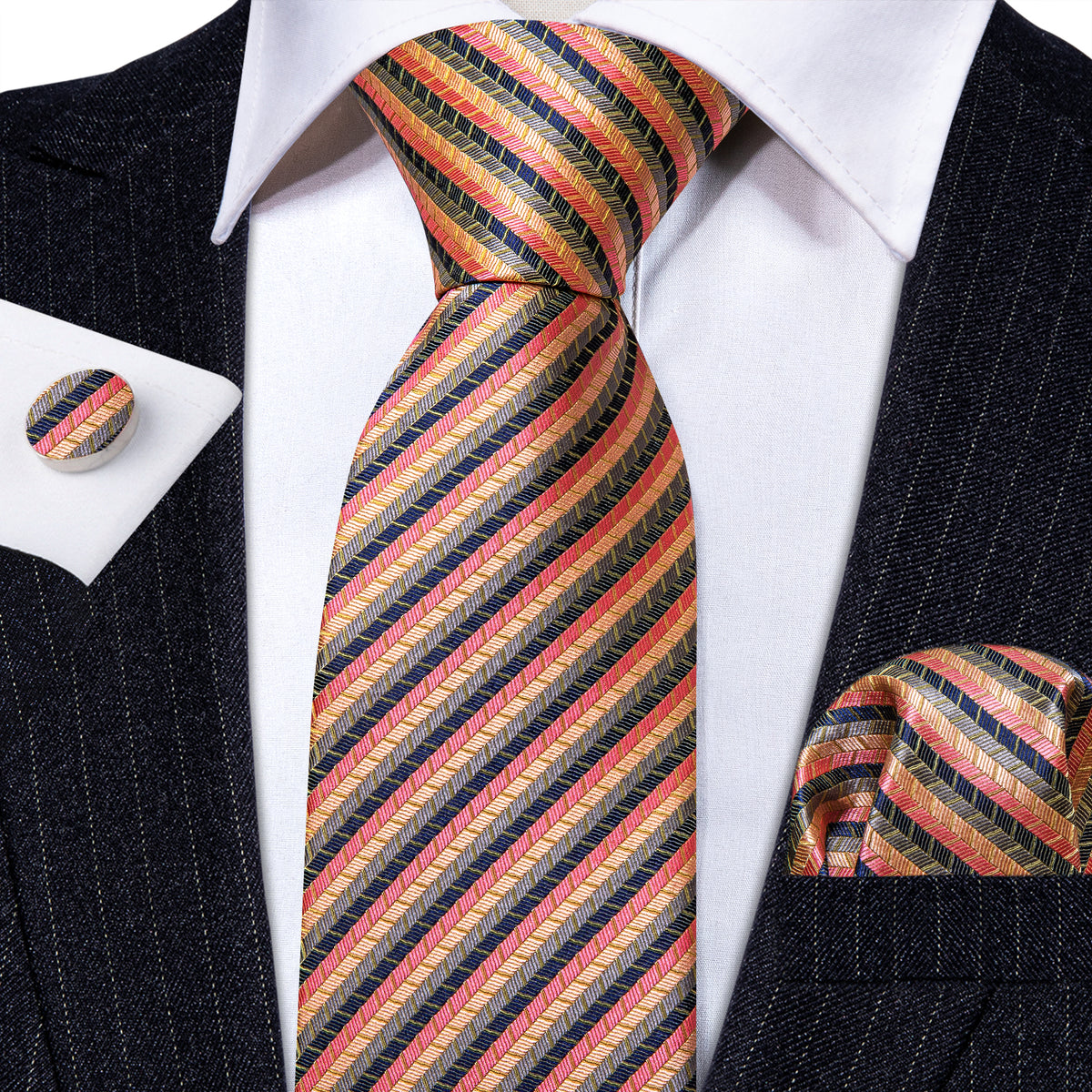Colorful Striped Silk Tie, Pocket Square and Cufflinks Set tie sets    - Sophisticated Gentlemen