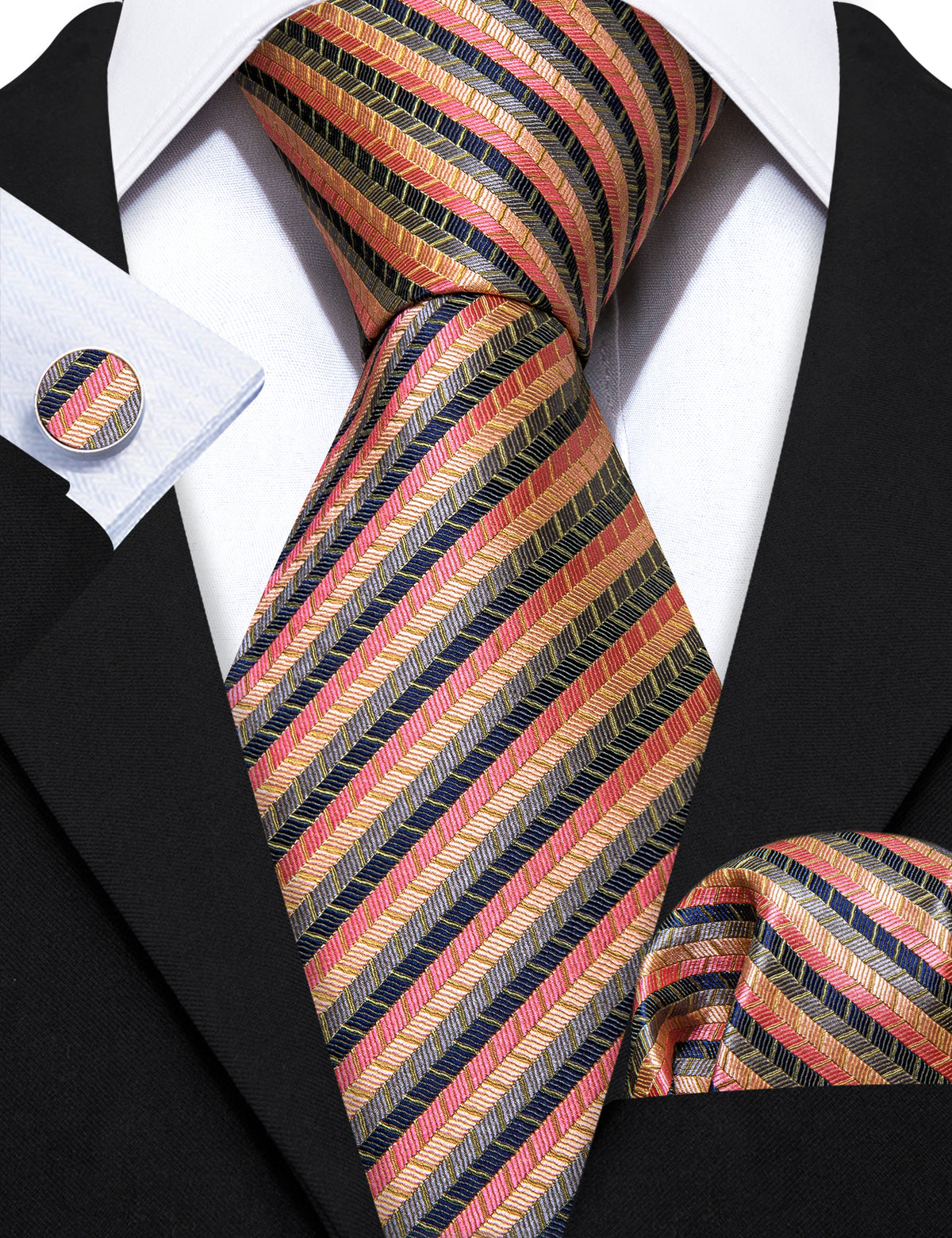 Colorful Striped Silk Tie, Pocket Square and Cufflinks Set tie sets    - Sophisticated Gentlemen