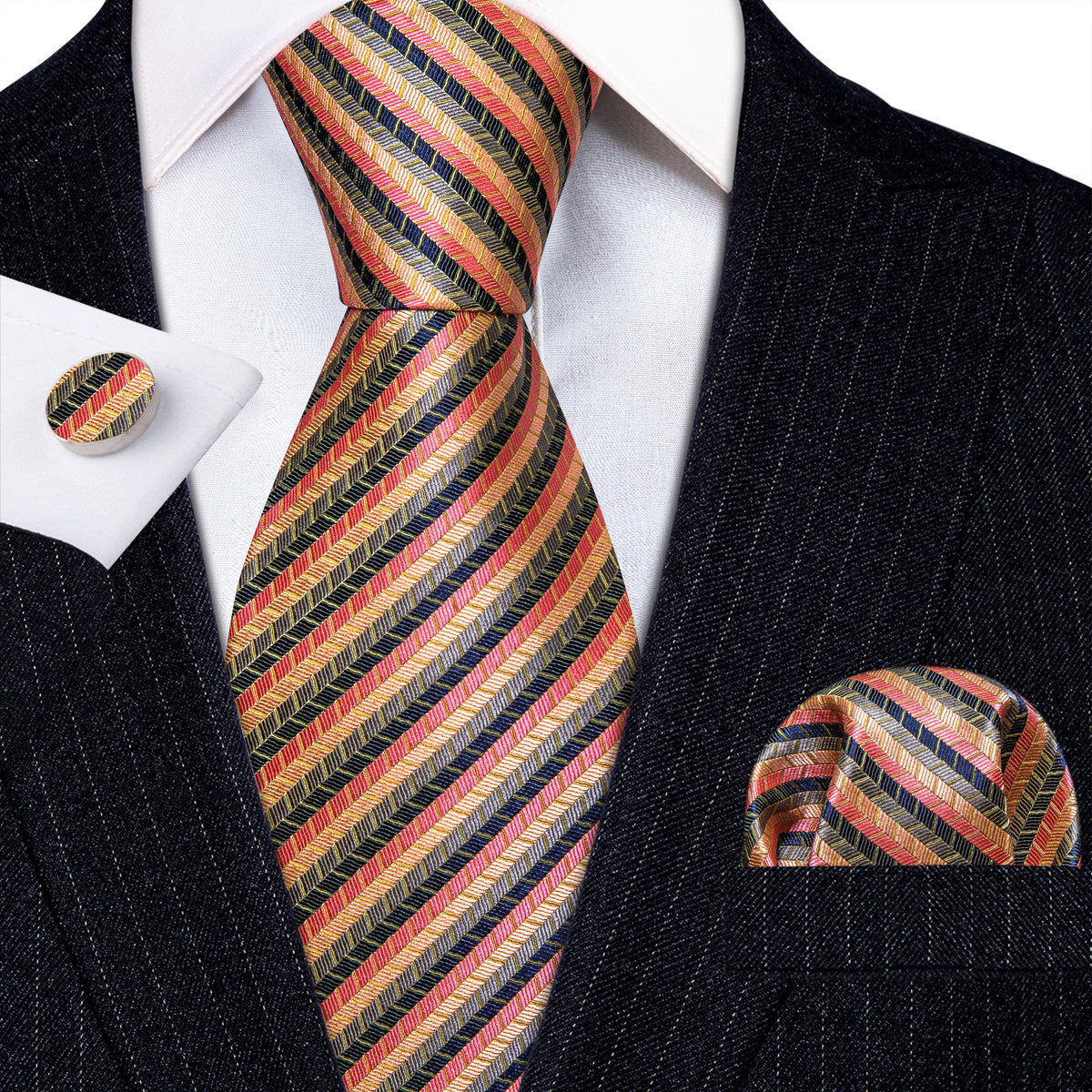 Colorful Striped Silk Tie, Pocket Square and Cufflinks Set tie sets    - Sophisticated Gentlemen