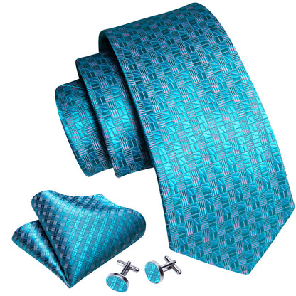 Cyan Blue Plaid Silk Tie, Pocket Square and Cufflinks Set tie sets    - Sophisticated Gentlemen