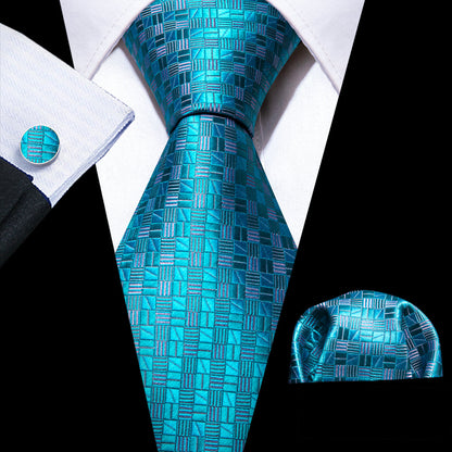 Cyan Blue Plaid Silk Tie, Pocket Square and Cufflinks Set tie sets    - Sophisticated Gentlemen