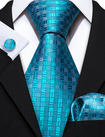 Cyan Blue Plaid Silk Tie, Pocket Square and Cufflinks Set tie sets    - Sophisticated Gentlemen