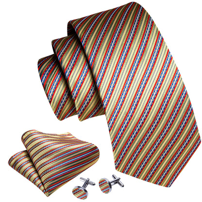 Red Gold Striped Floral Silk Tie, Pocket Square and Cufflinks Set tie sets    - Sophisticated Gentlemen