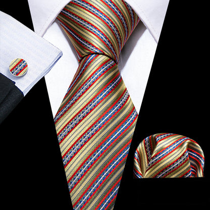 Red Gold Striped Floral Silk Tie, Pocket Square and Cufflinks Set tie sets    - Sophisticated Gentlemen