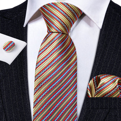 Red Gold Striped Floral Silk Tie, Pocket Square and Cufflinks Set tie sets    - Sophisticated Gentlemen
