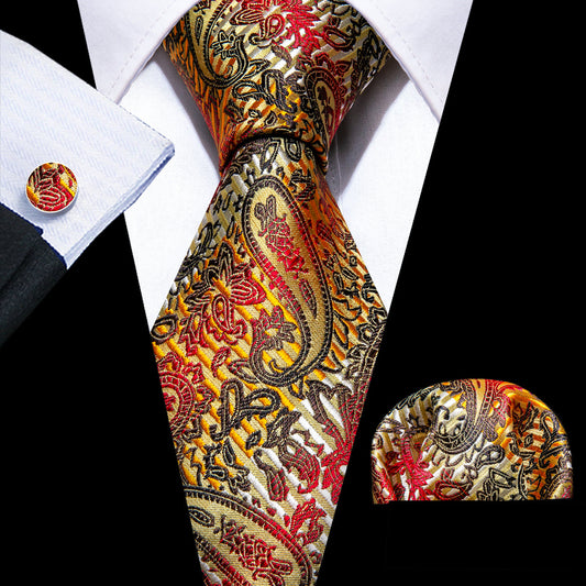 Gold Back Colorful Paisley Silk Tie, Pocket Square and Cufflinks Set tie sets    - Sophisticated Gentlemen