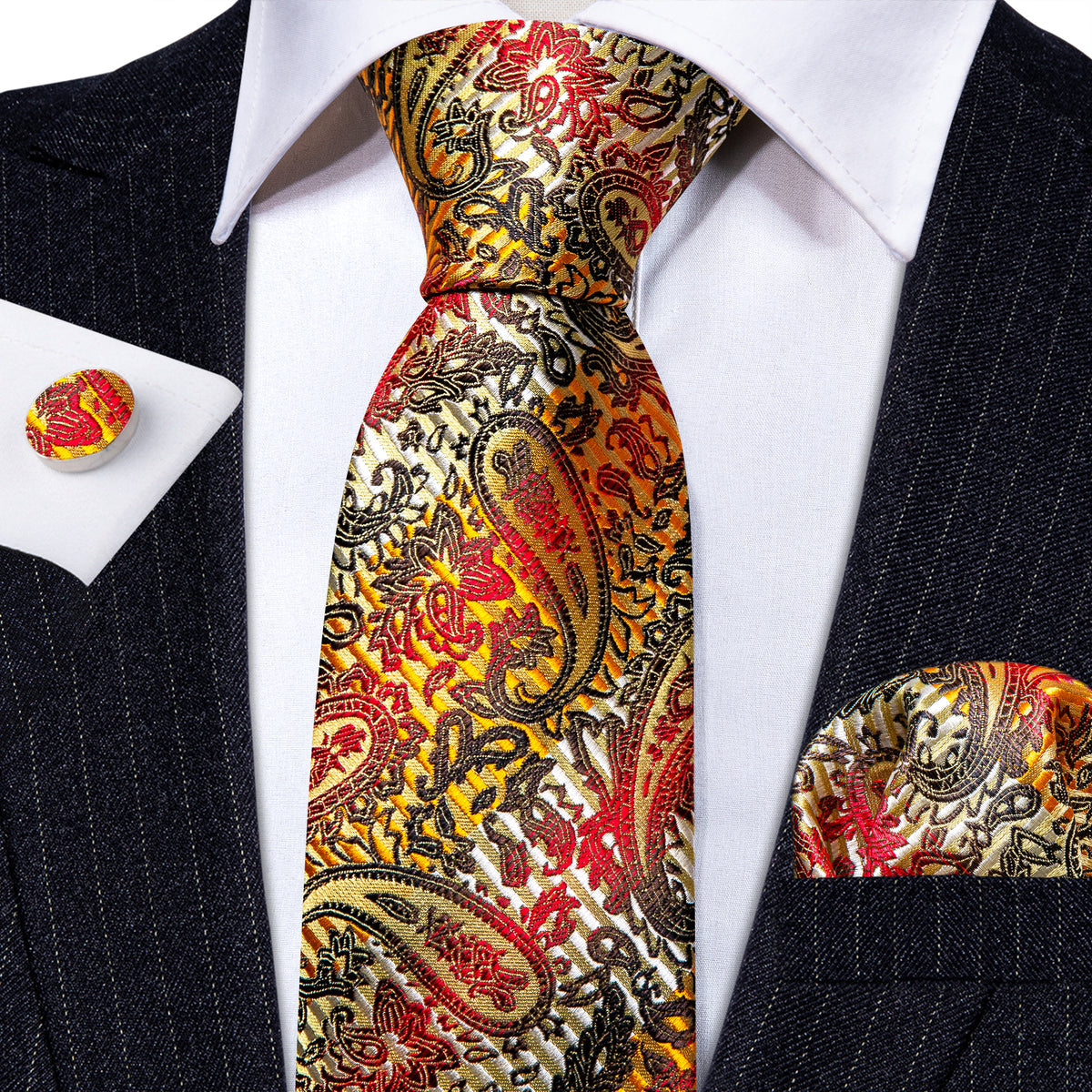 Gold Back Colorful Paisley Silk Tie, Pocket Square and Cufflinks Set tie sets    - Sophisticated Gentlemen