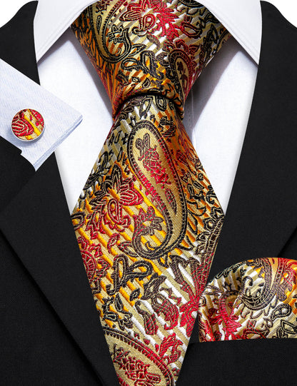 Gold Back Colorful Paisley Silk Tie, Pocket Square and Cufflinks Set tie sets    - Sophisticated Gentlemen