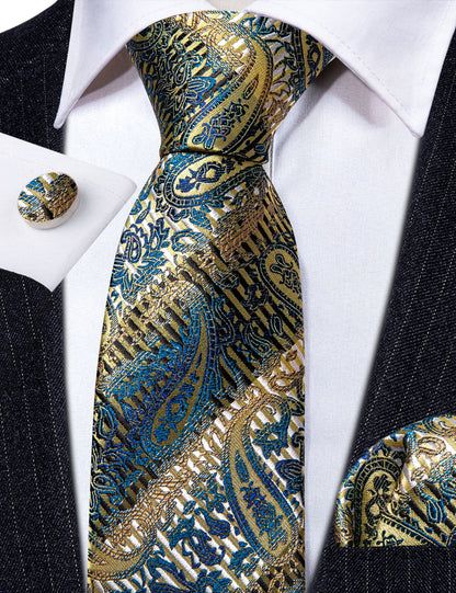 Gold Blue Paisley Silk Tie, Pocket Square and Cufflinks Set tie sets    - Sophisticated Gentlemen