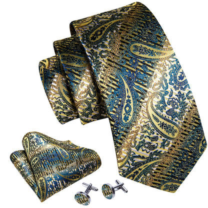 Gold Blue Paisley Silk Tie, Pocket Square and Cufflinks Set tie sets    - Sophisticated Gentlemen