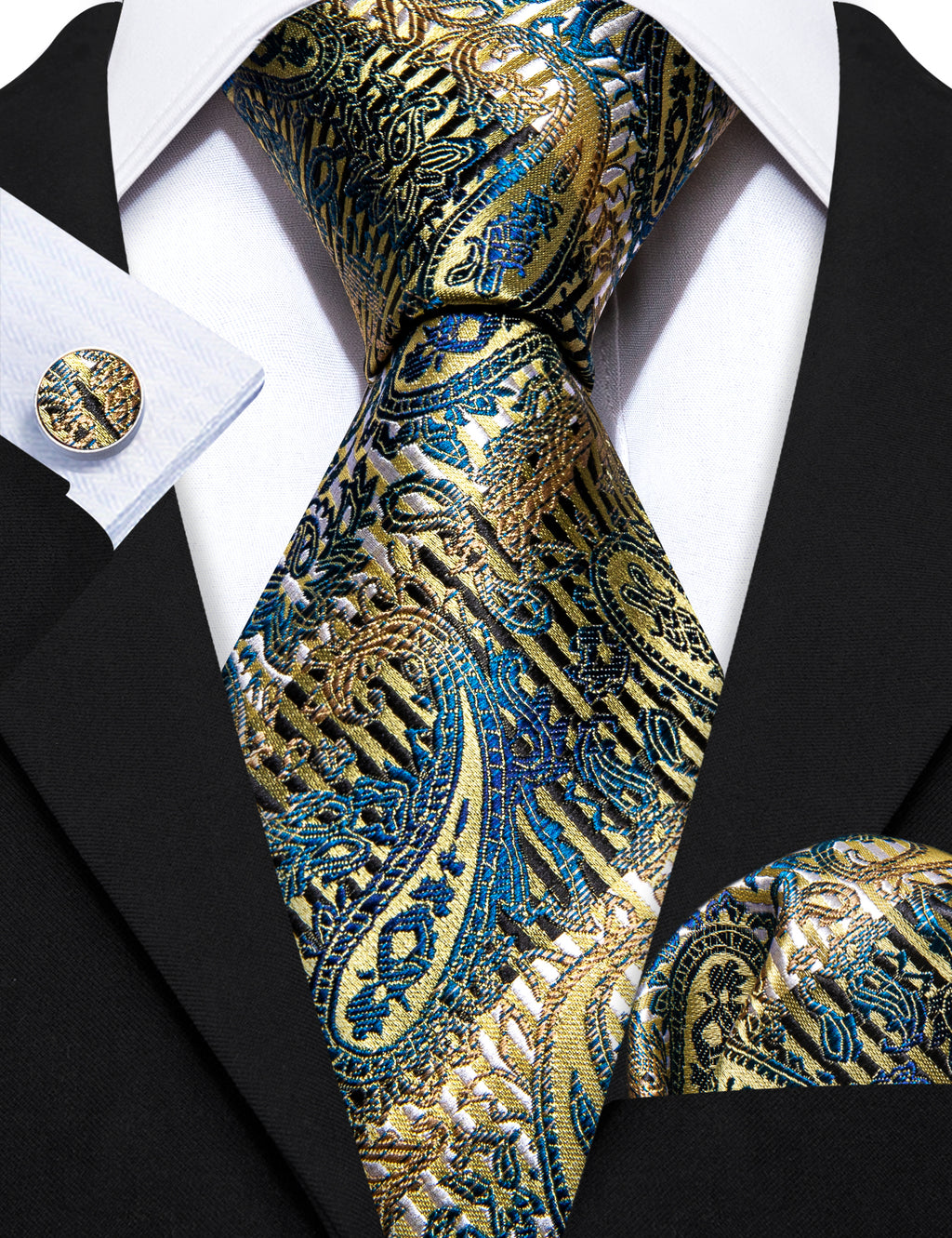 Gold Blue Paisley Silk Tie, Pocket Square and Cufflinks Set tie sets    - Sophisticated Gentlemen
