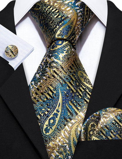 Gold Blue Paisley Silk Tie, Pocket Square and Cufflinks Set tie sets    - Sophisticated Gentlemen