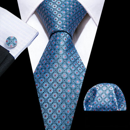 Blue Pink Plaid Silk Tie, Pocket Square and Cufflinks Set tie sets    - Sophisticated Gentlemen