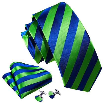 Blue Green Striped Silk Tie, Pocket Square and Cufflinks Set tie sets    - Sophisticated Gentlemen
