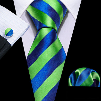 Blue Green Striped Silk Tie, Pocket Square and Cufflinks Set tie sets    - Sophisticated Gentlemen