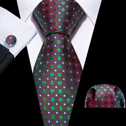Green Red Novelty Floral Silk Tie, Pocket Square and Cufflinks Set tie sets    - Sophisticated Gentlemen