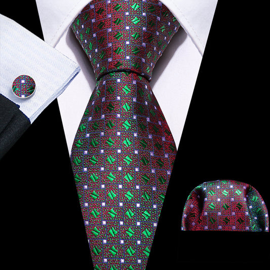 Green Red Novelty Floral Silk Tie, Pocket Square and Cufflinks Set tie sets    - Sophisticated Gentlemen