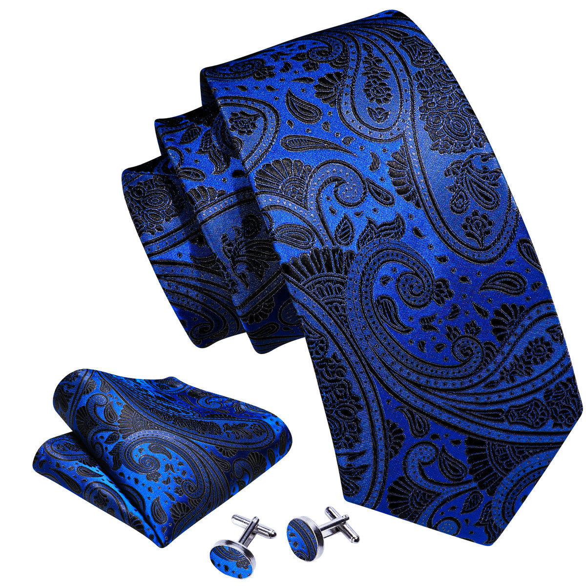 Blue Black Silk Paisley Tie, Pocket Square and Cufflinks Set tie sets    - Sophisticated Gentlemen