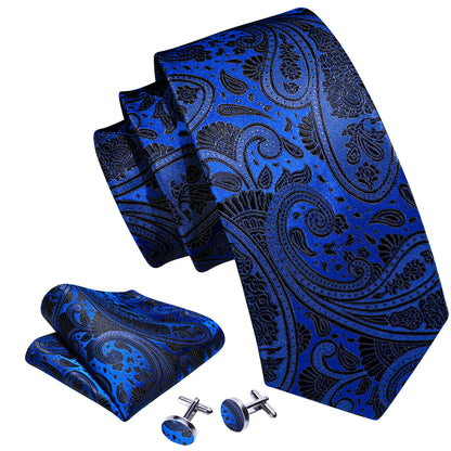 Blue Black Silk Paisley Tie, Pocket Square and Cufflinks Set tie sets    - Sophisticated Gentlemen