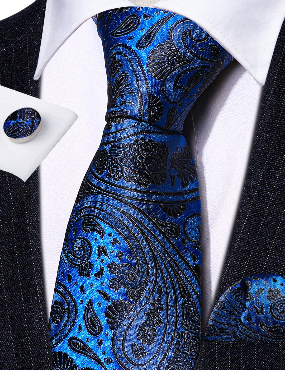 Blue Black Silk Paisley Tie, Pocket Square and Cufflinks Set tie sets    - Sophisticated Gentlemen