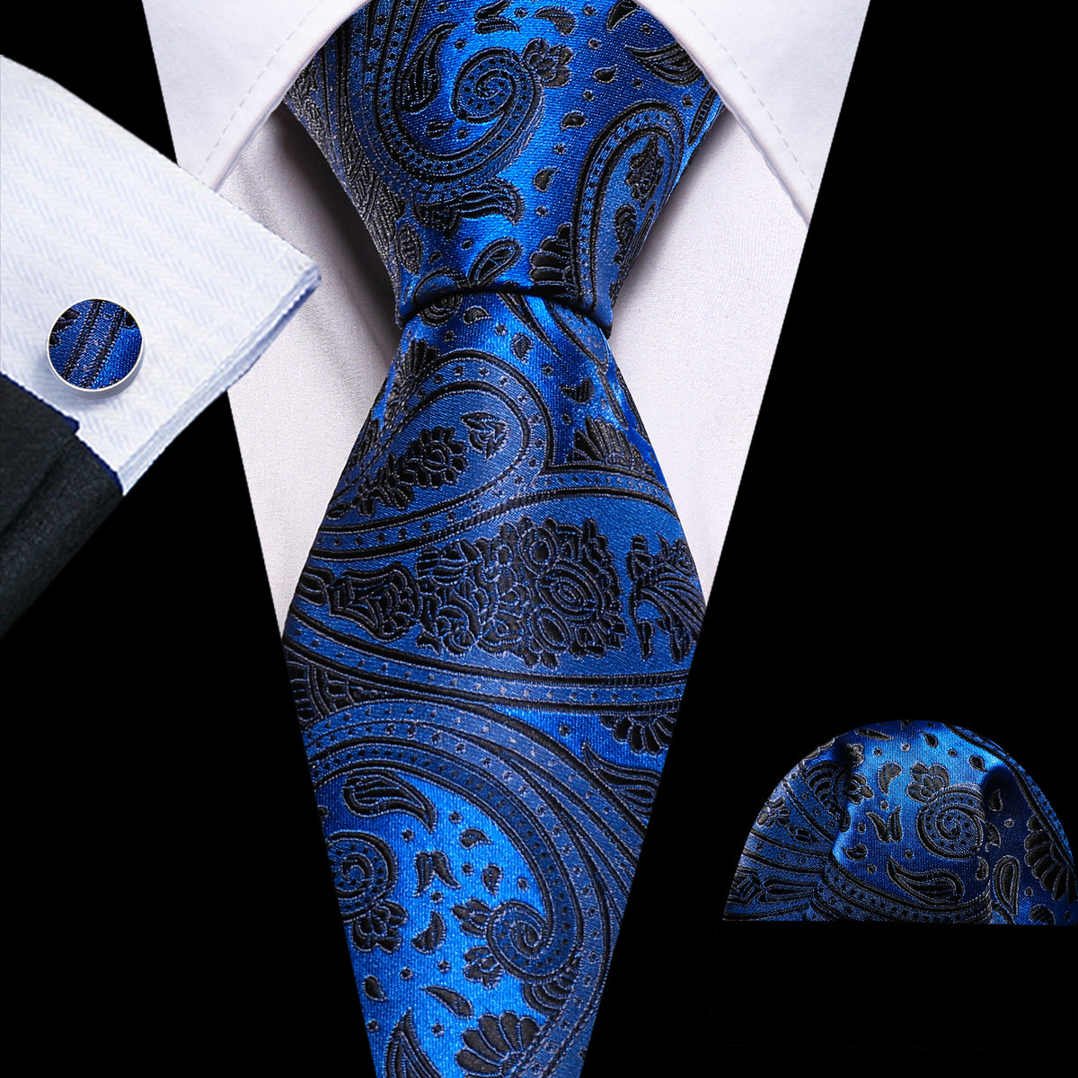 Blue Black Silk Paisley Tie, Pocket Square and Cufflinks Set tie sets    - Sophisticated Gentlemen