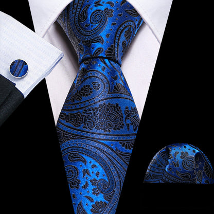 Blue Black Silk Paisley Tie, Pocket Square and Cufflinks Set tie sets    - Sophisticated Gentlemen
