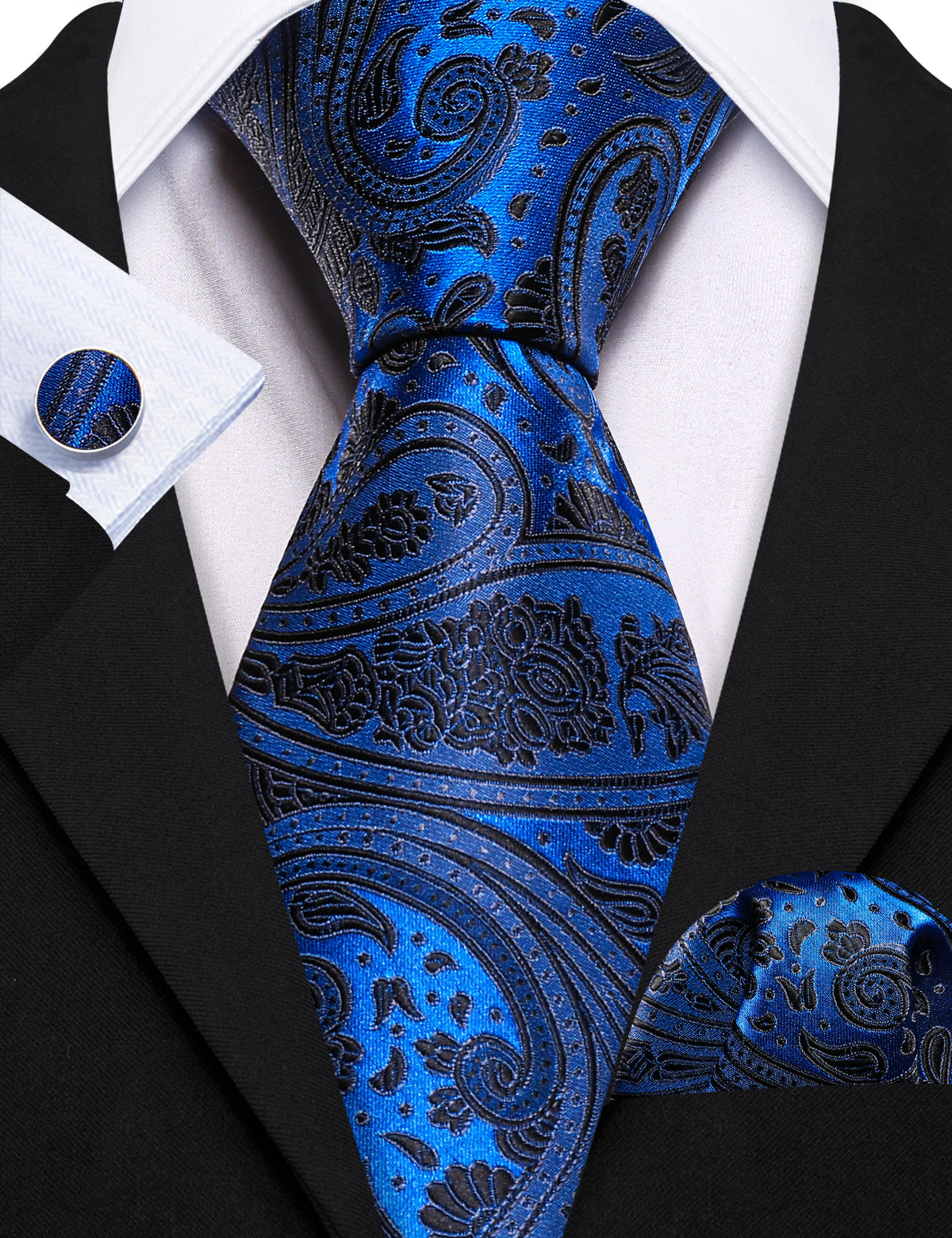 Blue Black Silk Paisley Tie, Pocket Square and Cufflinks Set tie sets    - Sophisticated Gentlemen