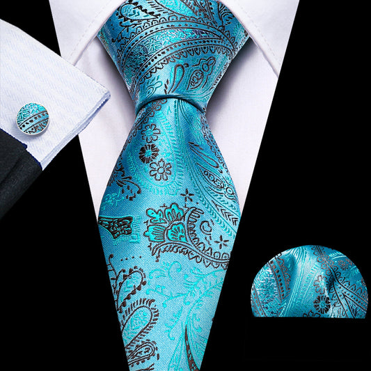 Sky Blue Brown Paisley Silk Tie, Pocket Square and Cufflinks Set tie sets    - Sophisticated Gentlemen