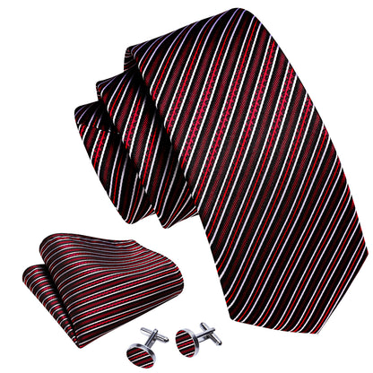 Black Red Classy Striped Silk Tie, Pocket Square and Cufflinks Set tie sets    - Sophisticated Gentlemen