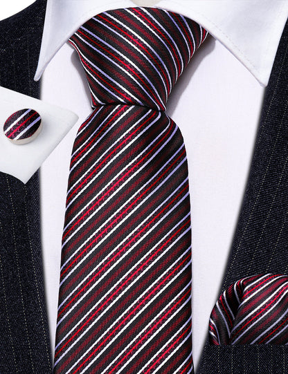 Black Red Classy Striped Silk Tie, Pocket Square and Cufflinks Set tie sets    - Sophisticated Gentlemen